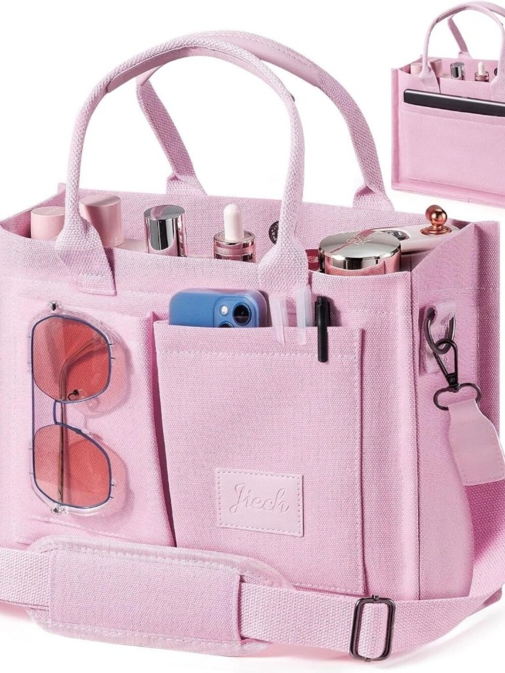 Jiech Pink Canvas Multi Pocket Laptop Tote Bag Everyday Satchel Handbag Medium